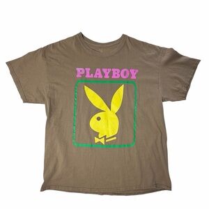 Playboy Tee Unisex Distressed Brown Neon Bunny Logo Graphic T-Shirt Size XL